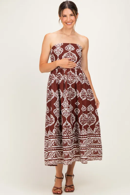 Chocolate Damask Strapless Maternity Midi Dress made by entro