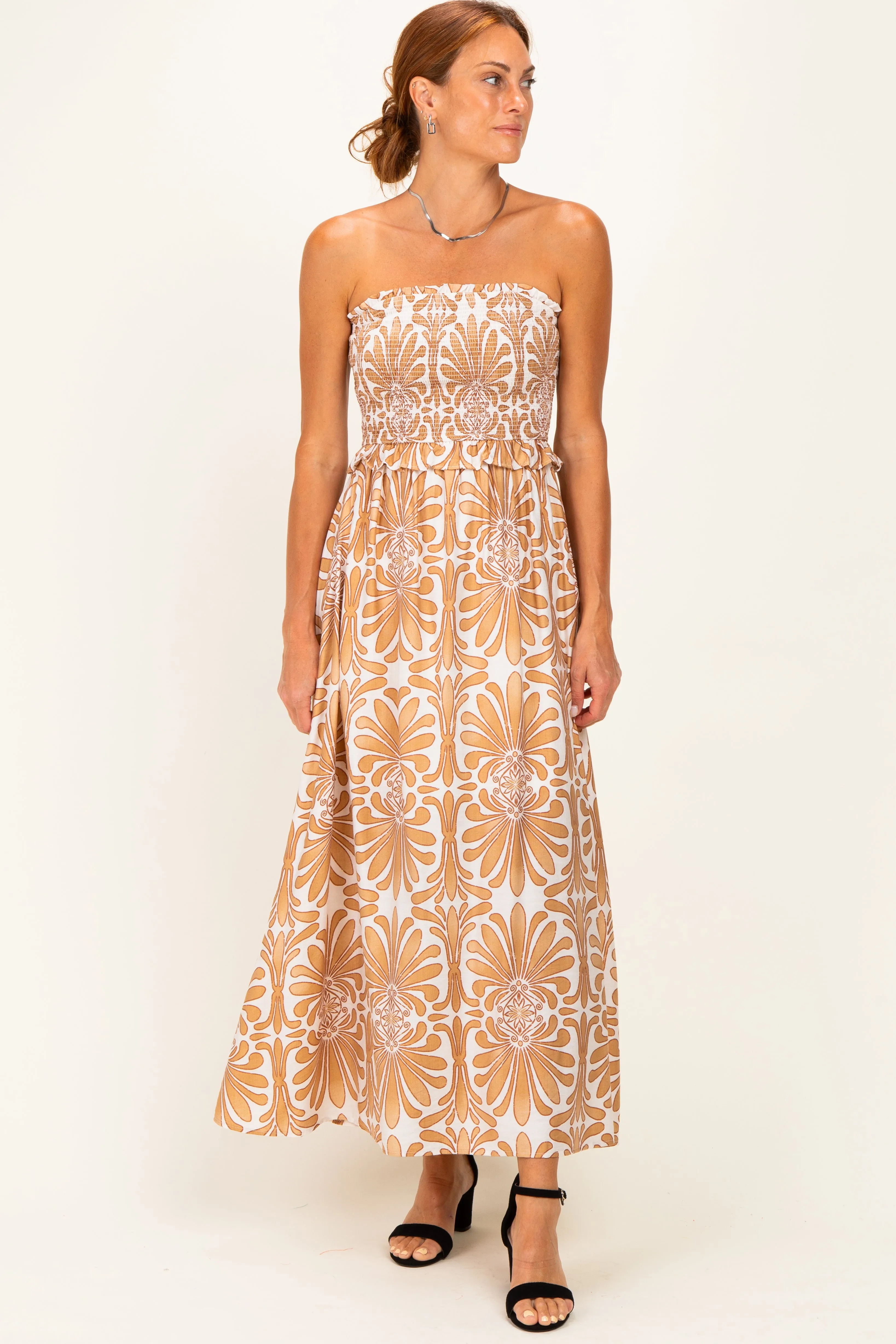 Camel Damask Print Strapless Smocked Midi Dress sold by Pinkblush product image thumbnail 2