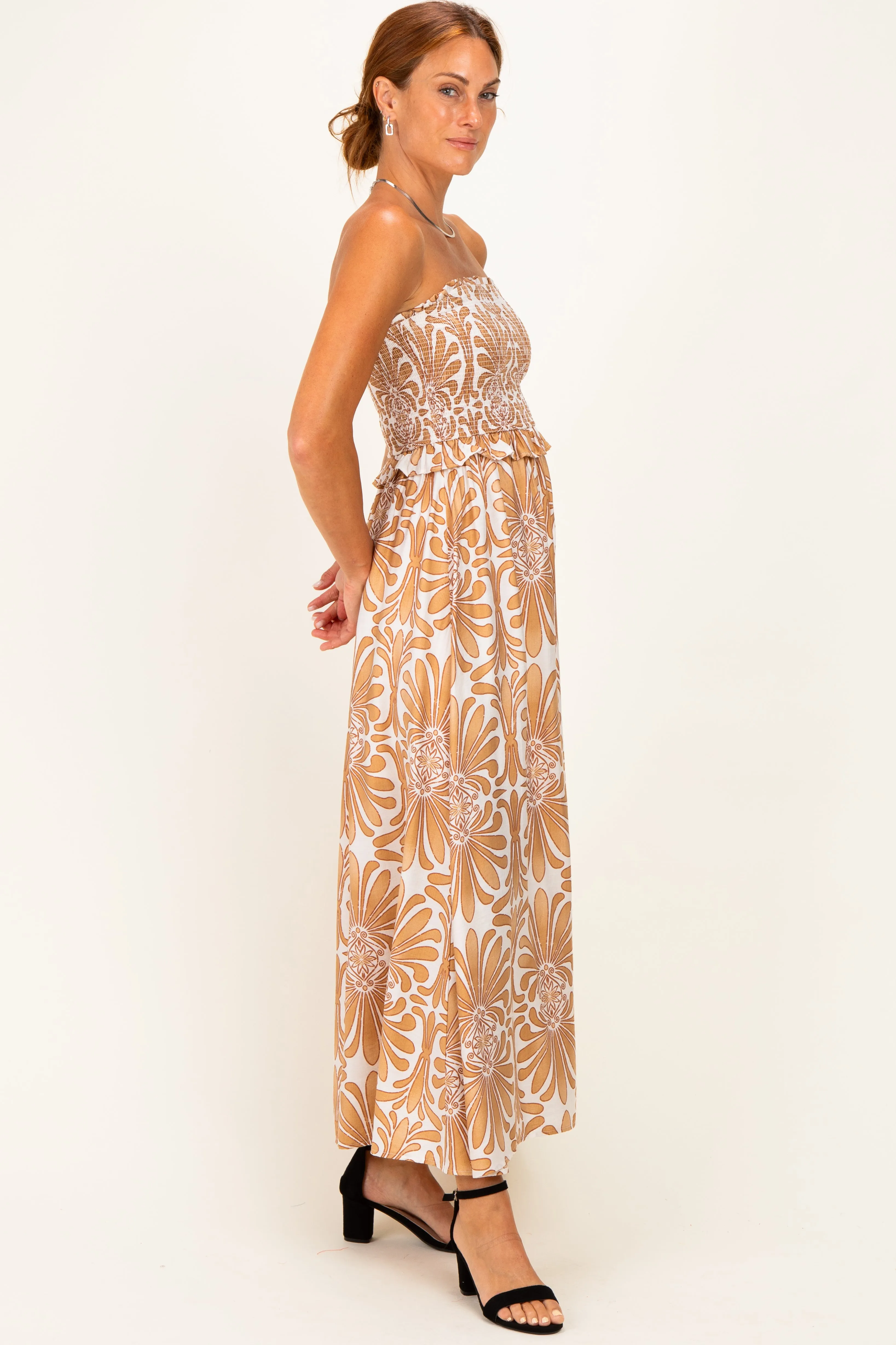 Camel Damask Print Strapless Smocked Midi Dress sold by Pinkblush product image thumbnail 3