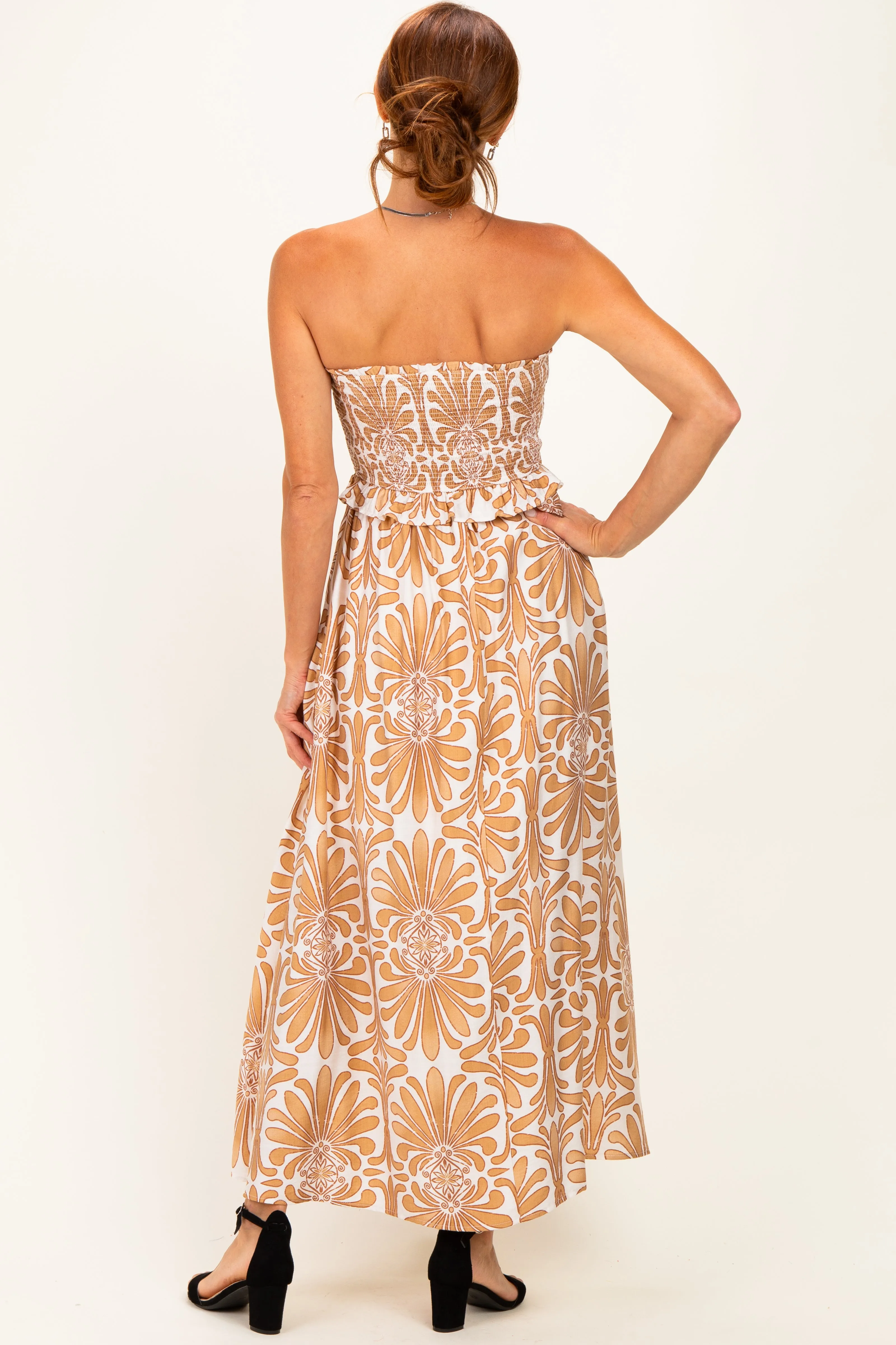 Camel Damask Print Strapless Smocked Midi Dress sold by Pinkblush product image thumbnail 4