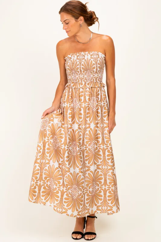 Camel Damask Print Strapless Smocked Midi Dress made by Pinkblush