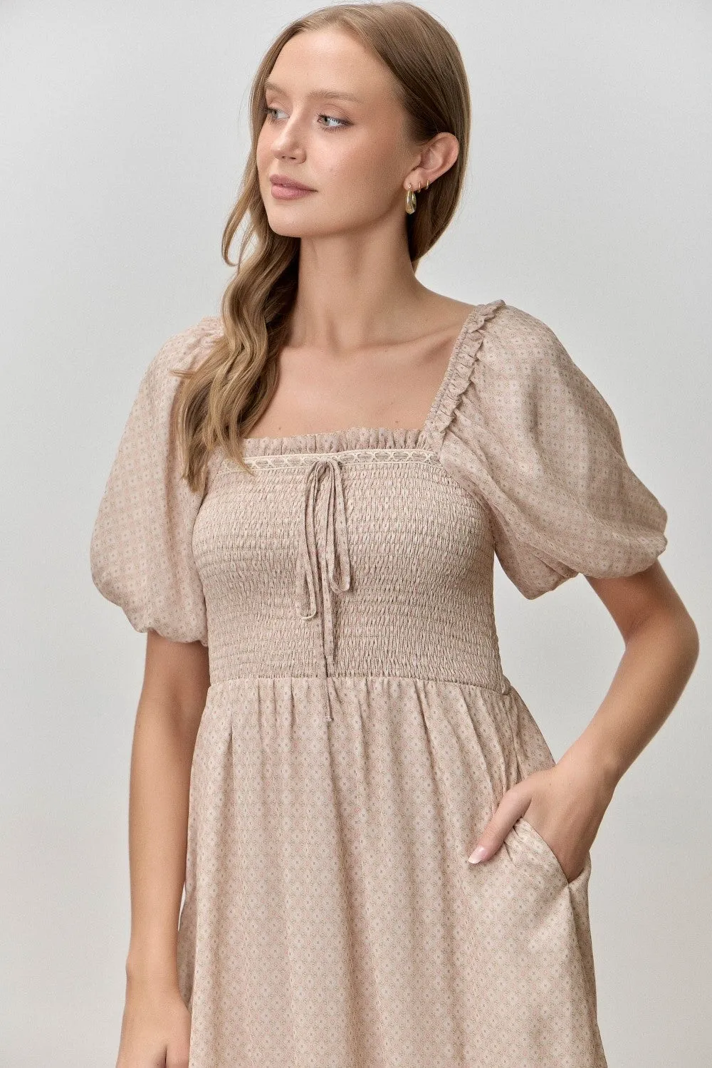 Light Taupe Printed Smocked Ruffle Accent Dress sold by Pinkblush product image thumbnail 4