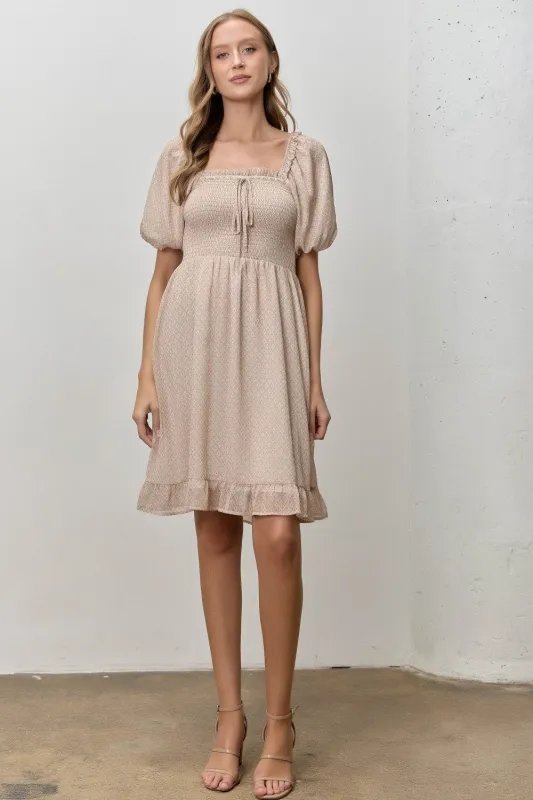 Light Taupe Printed Smocked Ruffle Accent Dress made by Polagram