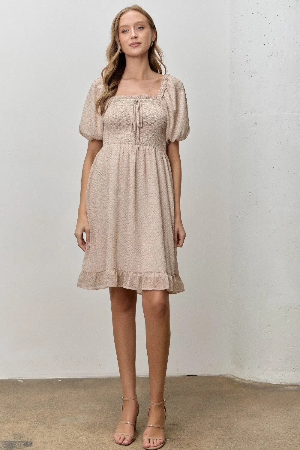 Light Taupe Printed Smocked Ruffle Accent Dress sold by Pinkblush