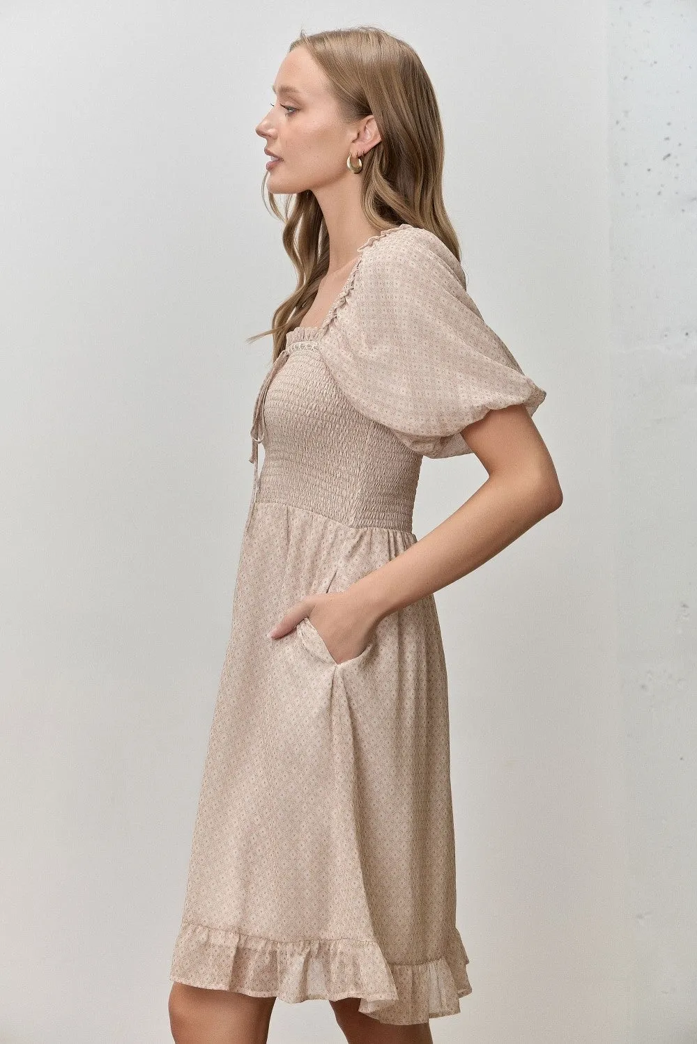 Light Taupe Printed Smocked Ruffle Accent Dress sold by Pinkblush product image thumbnail 2