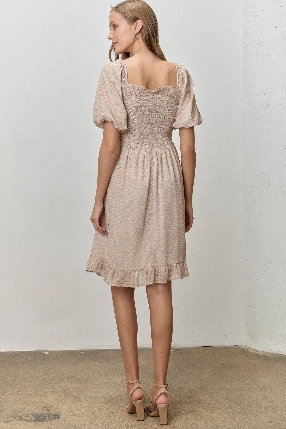Light Taupe Printed Smocked Ruffle Accent Dress sold by Pinkblush product image thumbnail 3