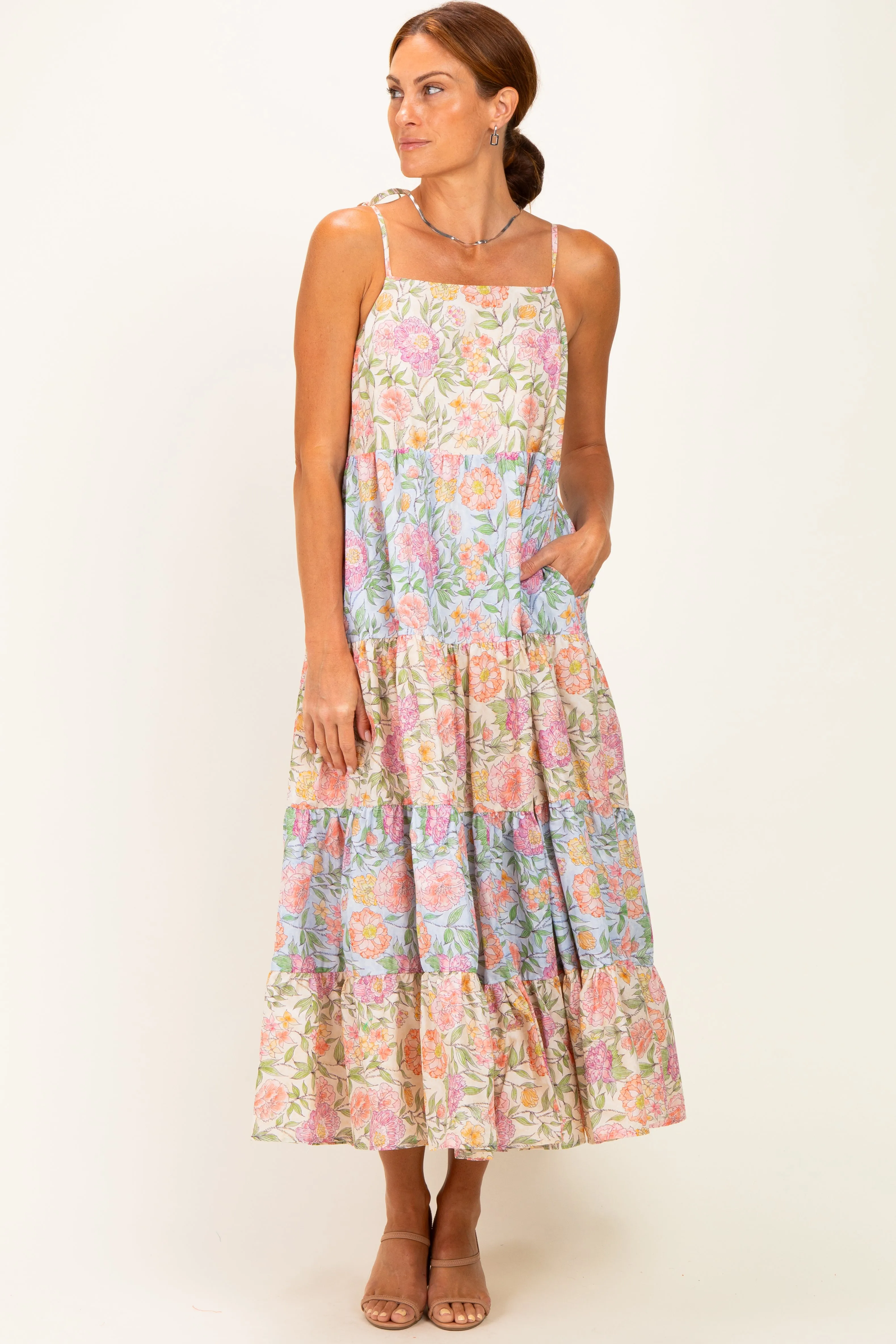 Pink Floral Colorblock Tiered Maxi Dress sold by Pinkblush