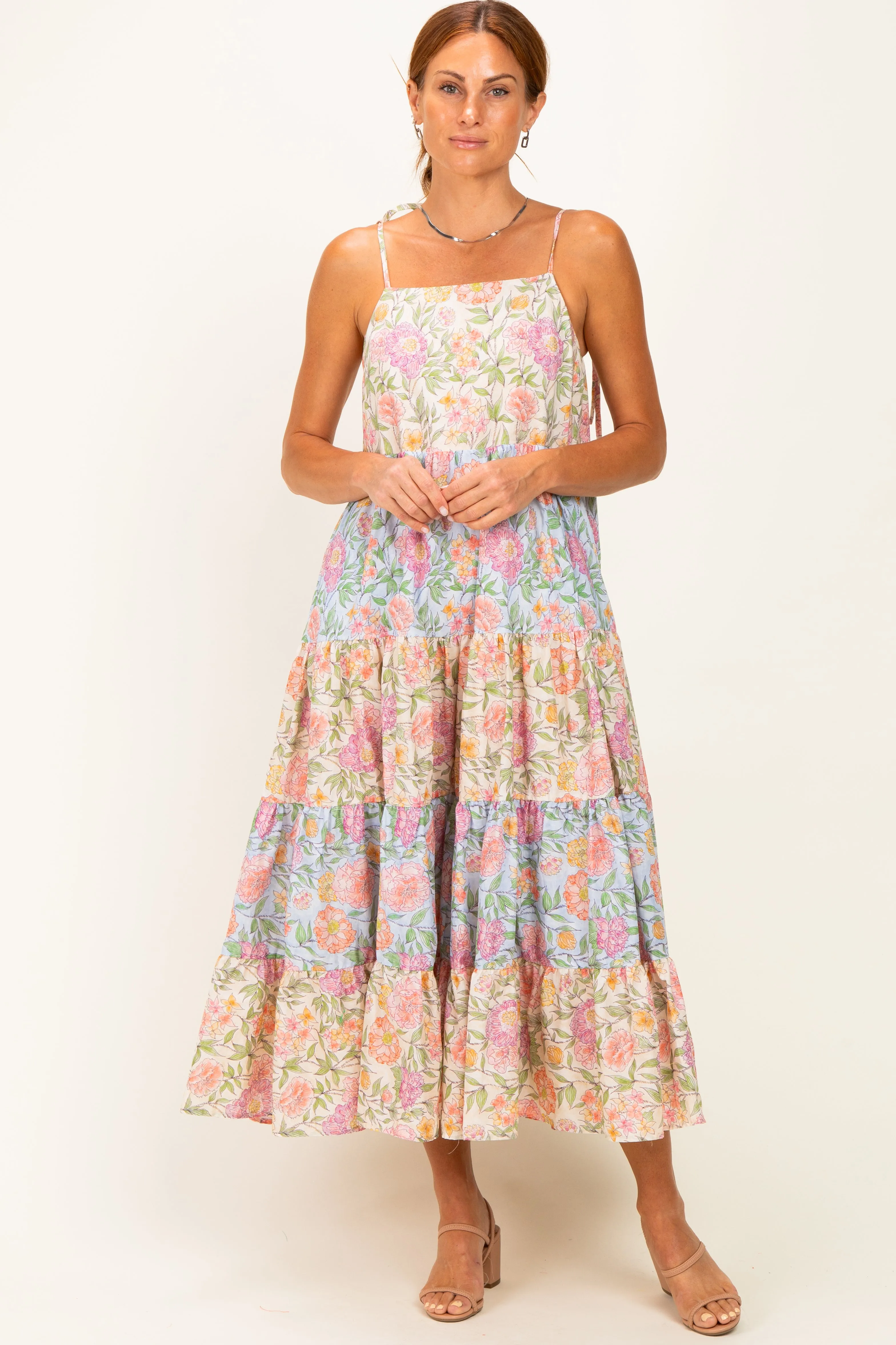 Pink Floral Colorblock Tiered Maxi Dress sold by Pinkblush product image thumbnail 2
