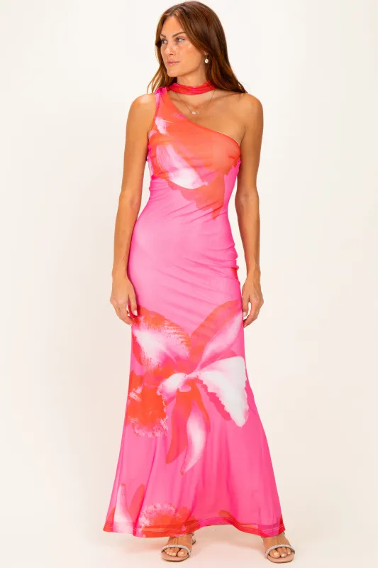 Pink Floral Neck Scarf Maxi Dress made by Blue Blush