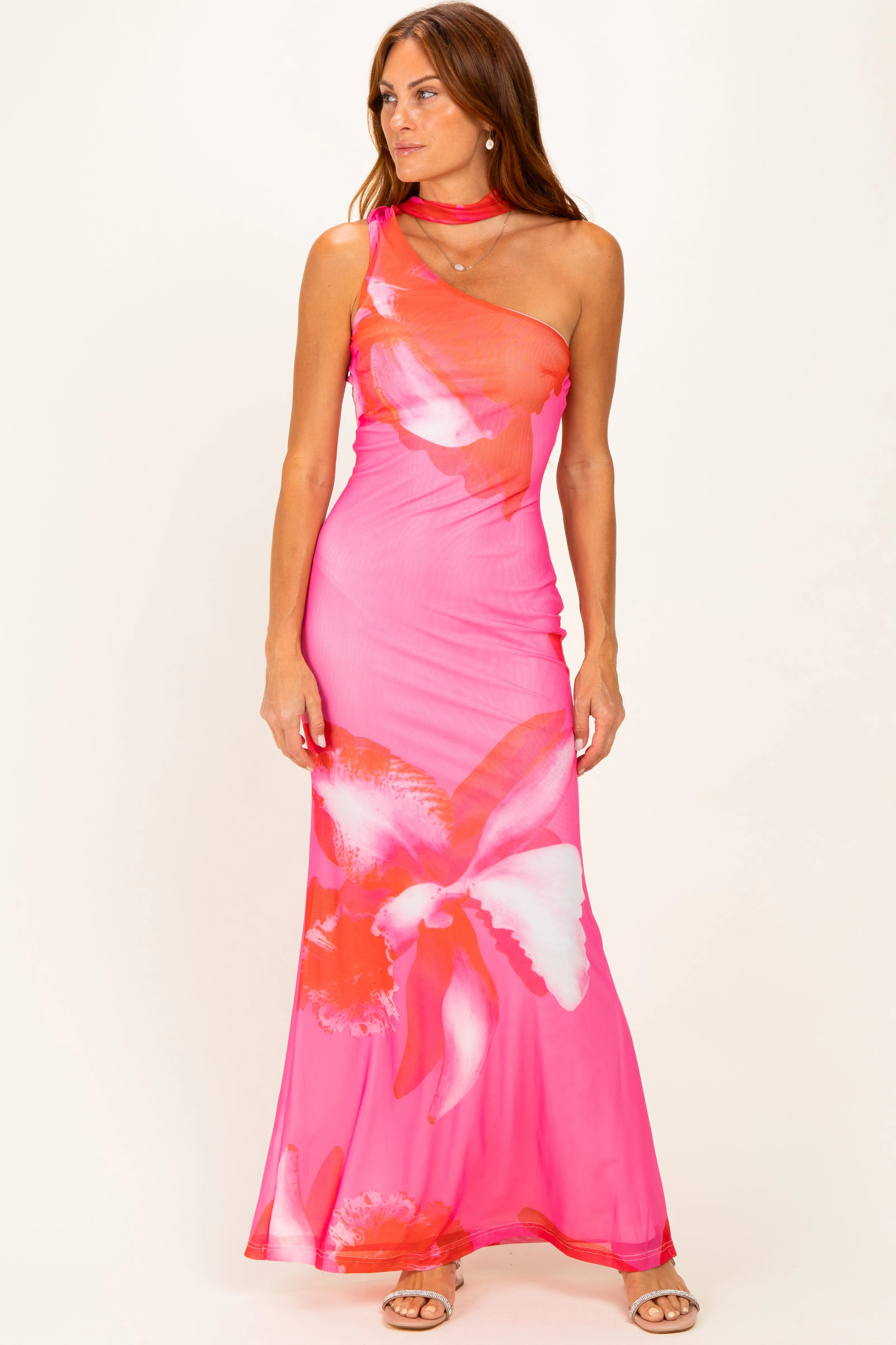 Pink Floral Neck Scarf Maxi Dress sold by Pinkblush