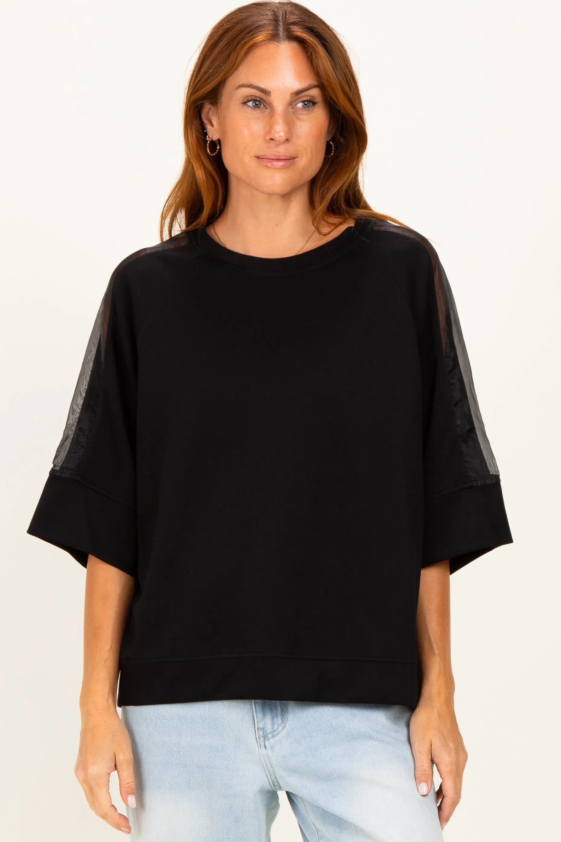 Black Mesh Shoulder Short Sleeve Top sold by Pinkblush