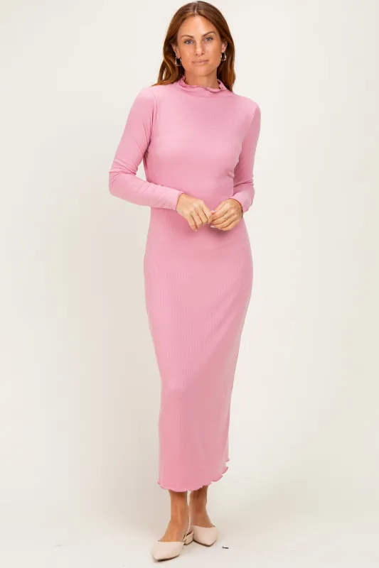 Mauve Ruffle Mock Neck Long Sleeve Midi Dress made by Pinkblush