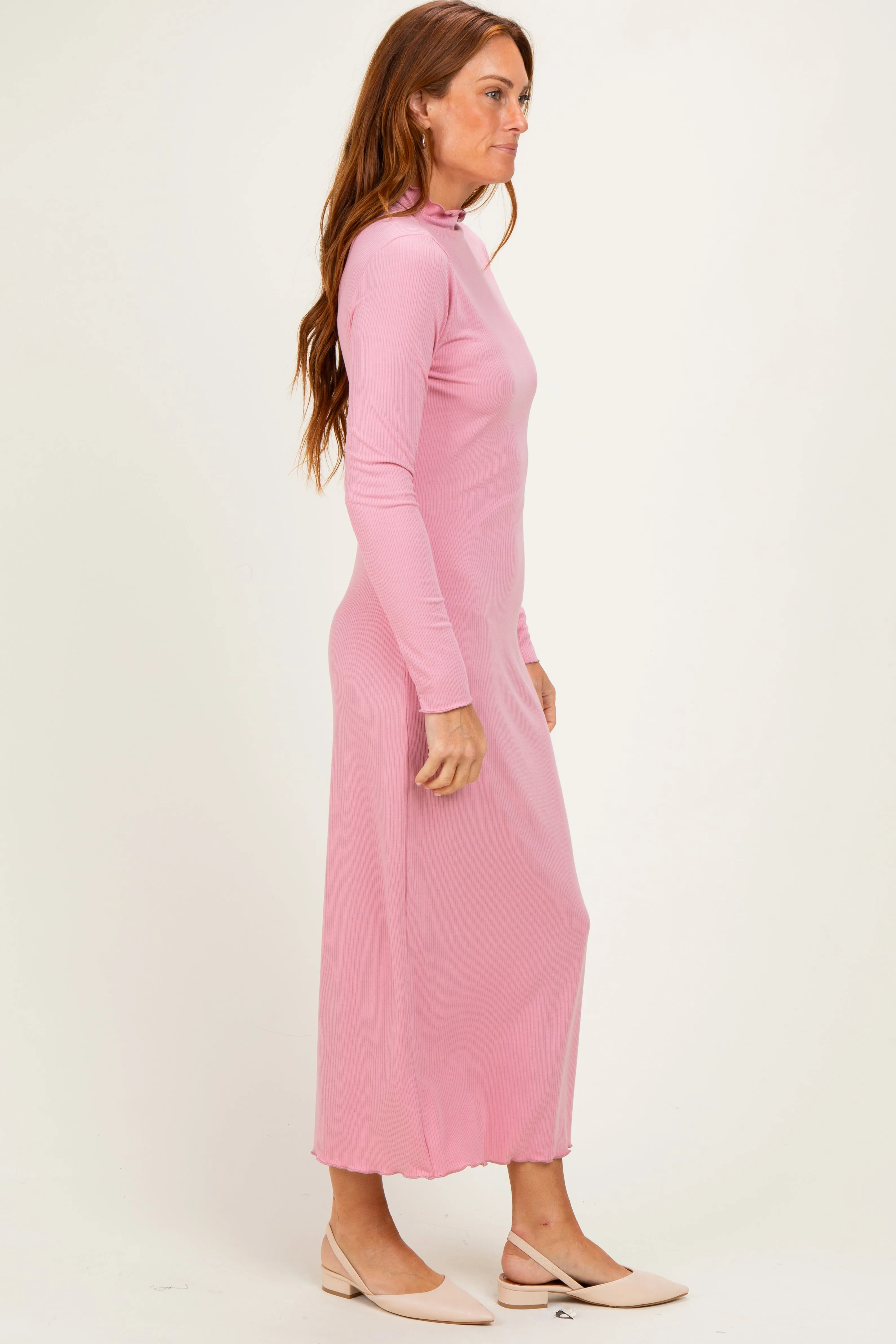 Mauve Ruffle Mock Neck Long Sleeve Midi Dress sold by Pinkblush product image thumbnail 2