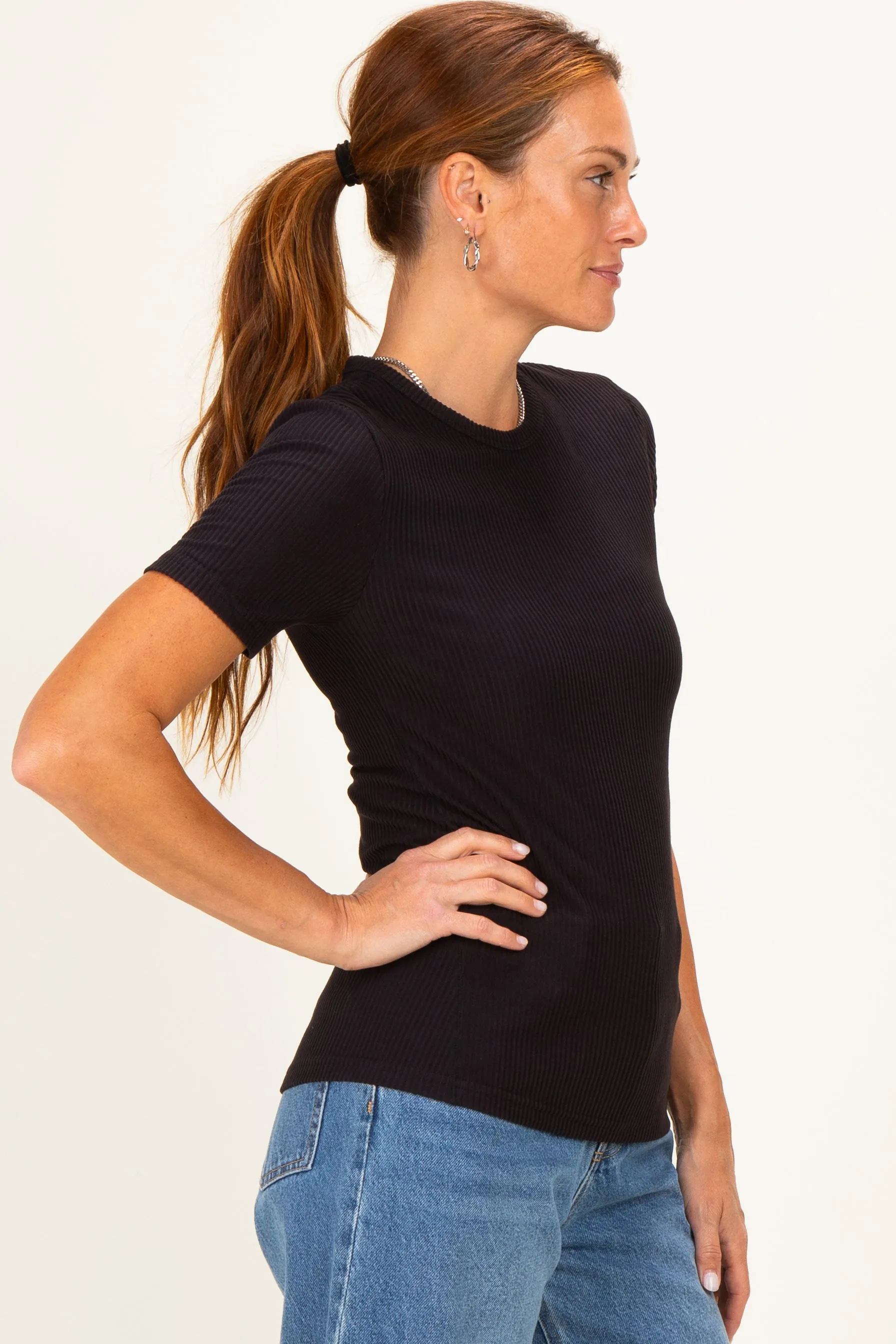 Black Brushed Ribbed Knit Crewneck Tee sold by Pinkblush product image thumbnail 3