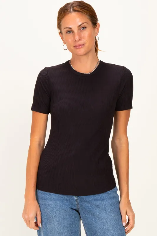 Black Brushed Ribbed Knit Crewneck Tee made by Umgee
