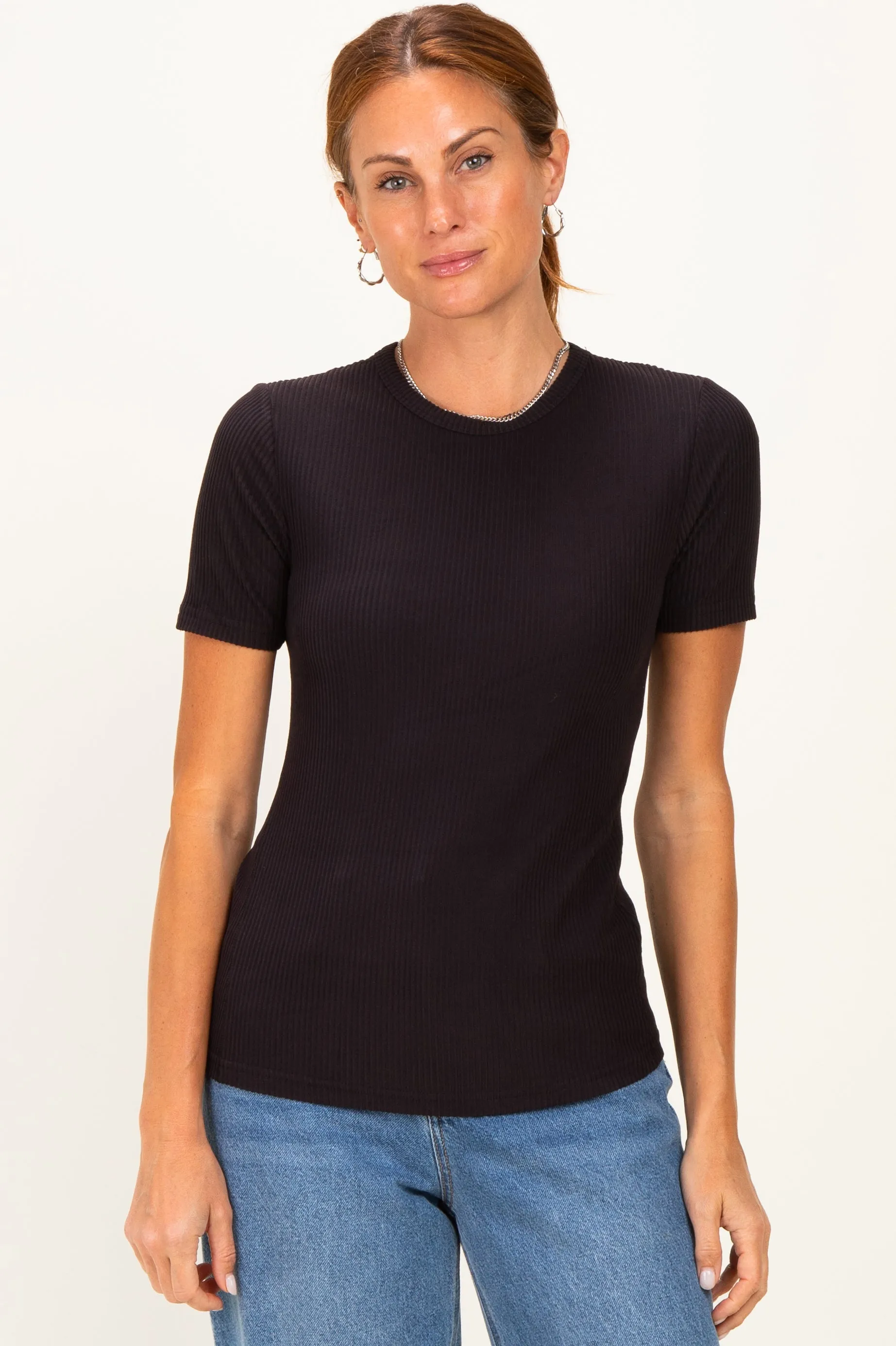 Black Brushed Ribbed Knit Crewneck Tee sold by Pinkblush