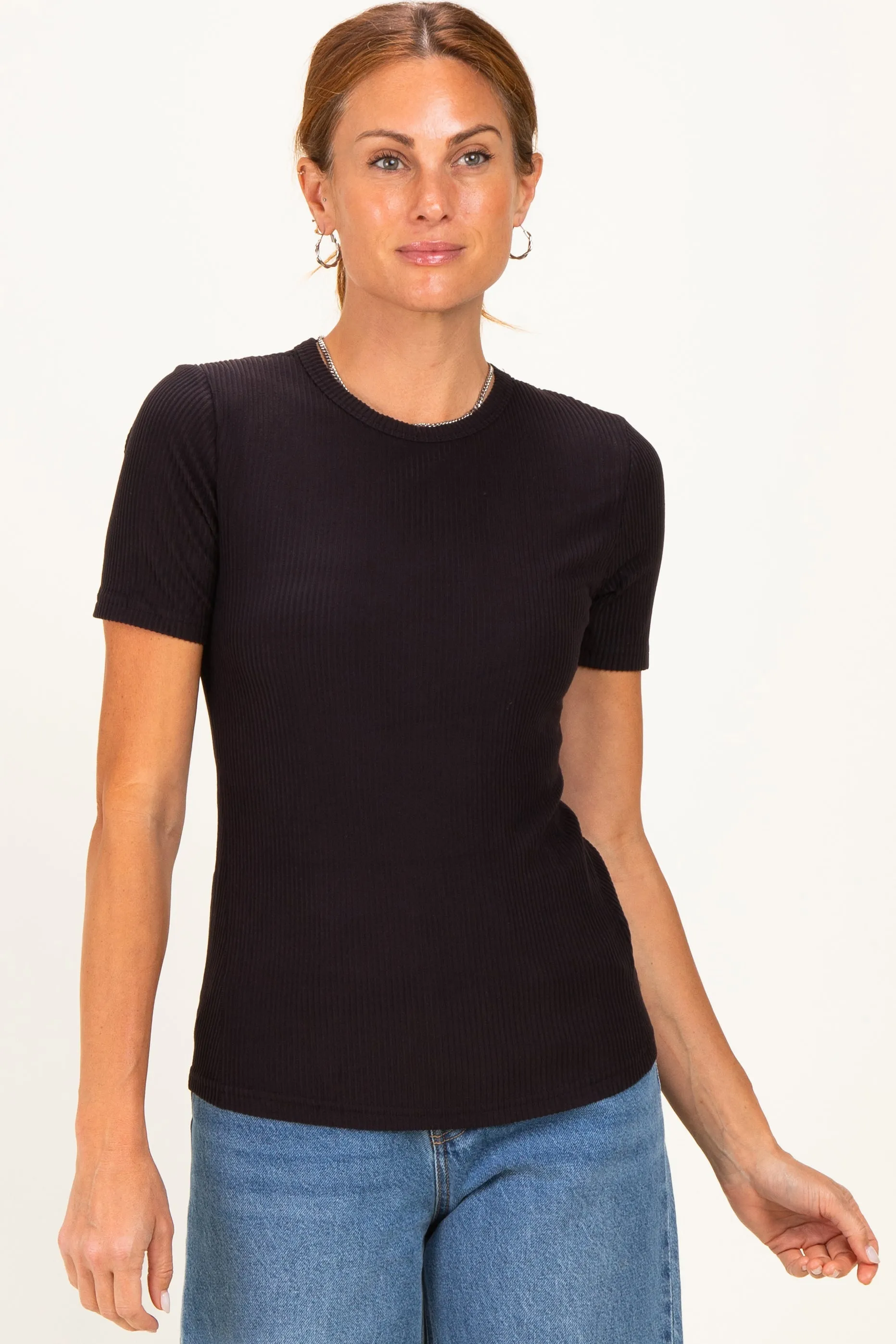 Black Brushed Ribbed Knit Crewneck Tee sold by Pinkblush product image thumbnail 2