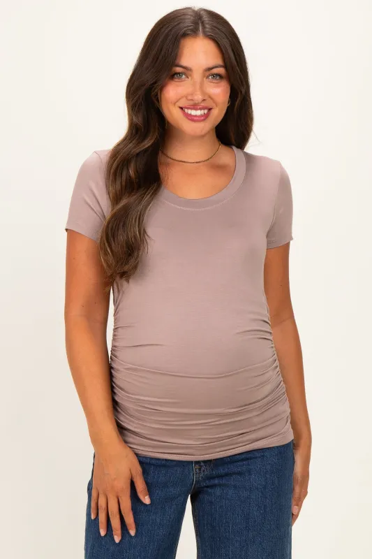 Mocha Basic Short Sleeve Maternity Fitted Top made by Pinkblush