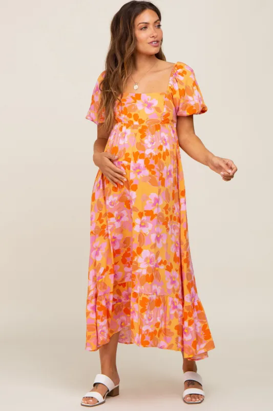 Orange Floral Square Neck Short Puff Sleeve Maternity Midi Dress sold by Pinkblush
