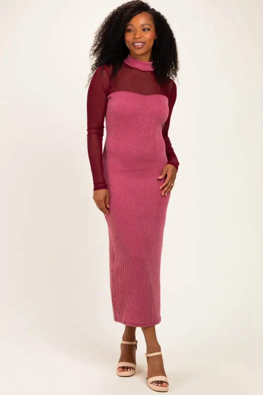 Dark Mauve Ribbed Knit Mock Neck Long Sleeve Maxi Dress made by Pinkblush