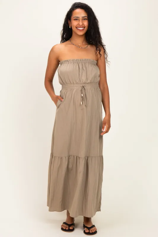 Taupe Strapless Cinched Waist Tie Maternity Maxi Dress made by Naked Zebra