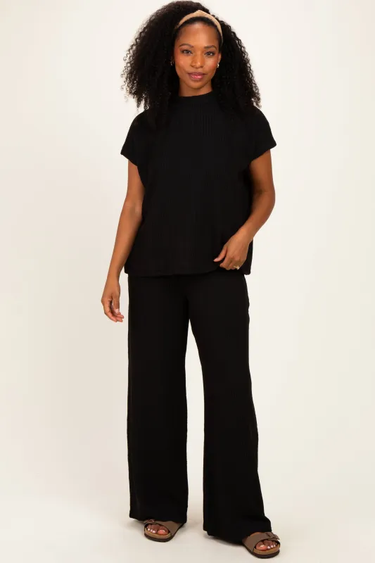 Black Textured Rib Mock Neck Short Sleeve Pant Set made by Zenana Outfitters