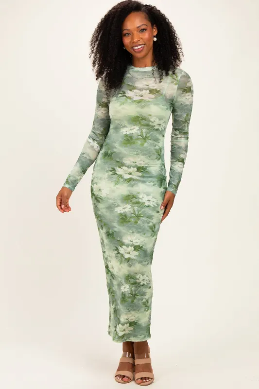 Light Olive Floral Mesh Overlay Maxi Dress made by Pinkblush