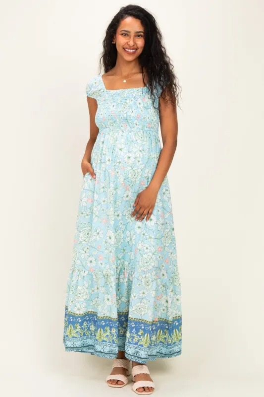 Light Blue Floral Smocked Maternity Maxi Dress made by AnnieWear