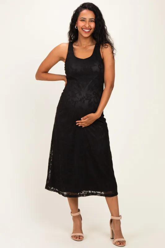 Black Floral Jacquard Mesh Maternity Midi Dress made by Pinkblush