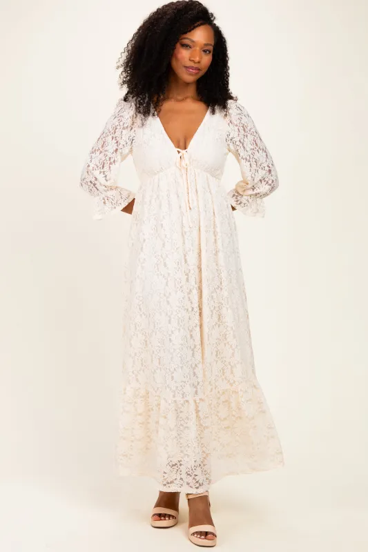 Ivory Floral Lace 3/4 Ruffle Sleeve V-Neck Maxi Dress made by Pinkblush