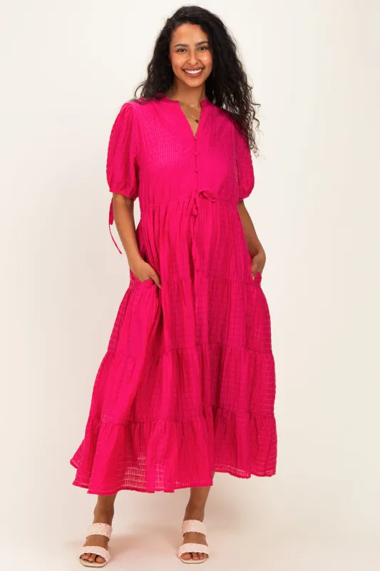 Fuchsia Drawstring Waist Tiered Maternity Midi Dress made by JODIFL