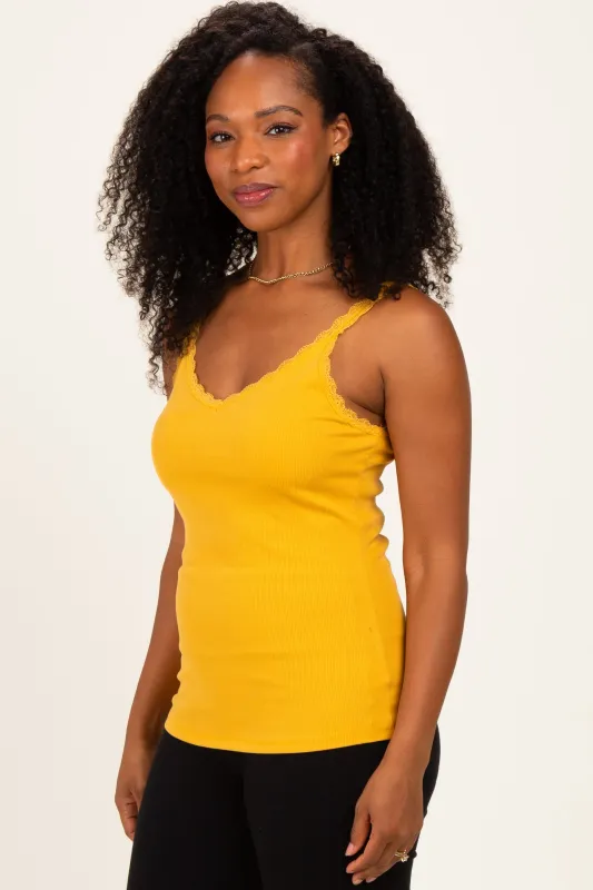 Mustard Lace Trim Detail Ribbed Knit Tank Top made by Pinkblush