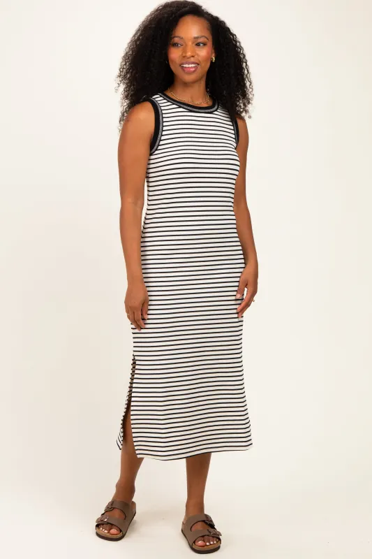Black Striped Solid Trim Sleeveless Midi Dress made by Blu Pepper