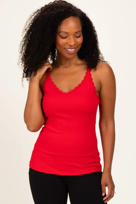 Red Lace Trim Detail Ribbed Knit Tank Top made by Pinkblush