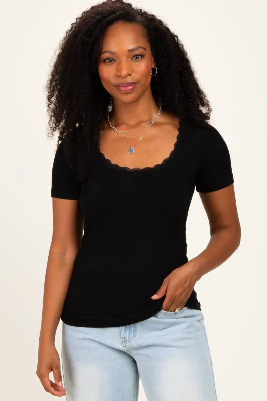 Black Lace Trim Ribbed Top made by Pinkblush