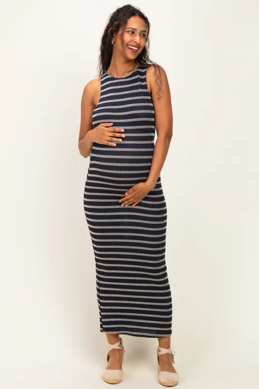 Navy Ribbed Striped Fitted Maternity Maxi Dress made by emory park