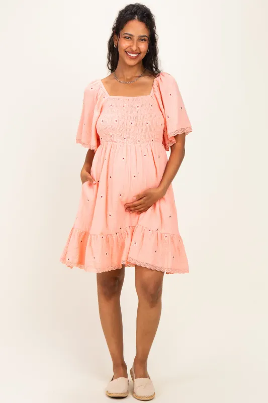 Pink Floral Embroidered Smocked Maternity Dress made by Jnna