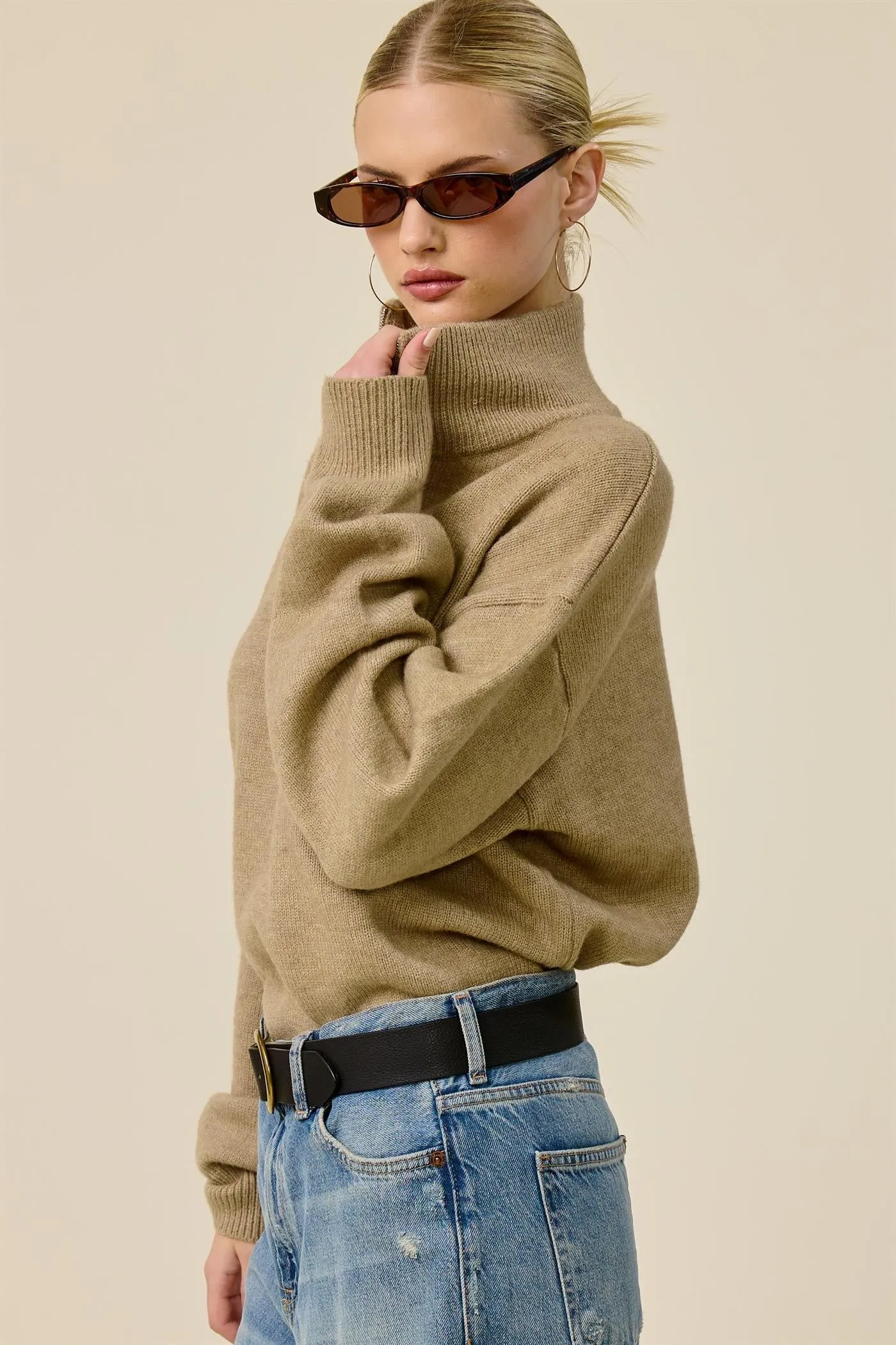Taupe Half Zip Mock Neck Sweater sold by Pinkblush product image thumbnail 2