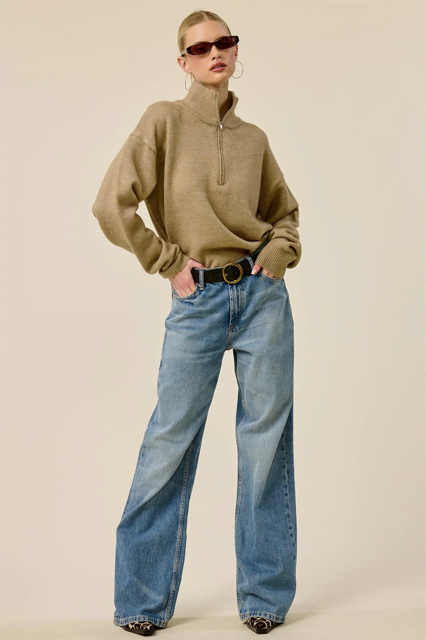 Taupe Half Zip Mock Neck Sweater sold by Pinkblush product image thumbnail 4