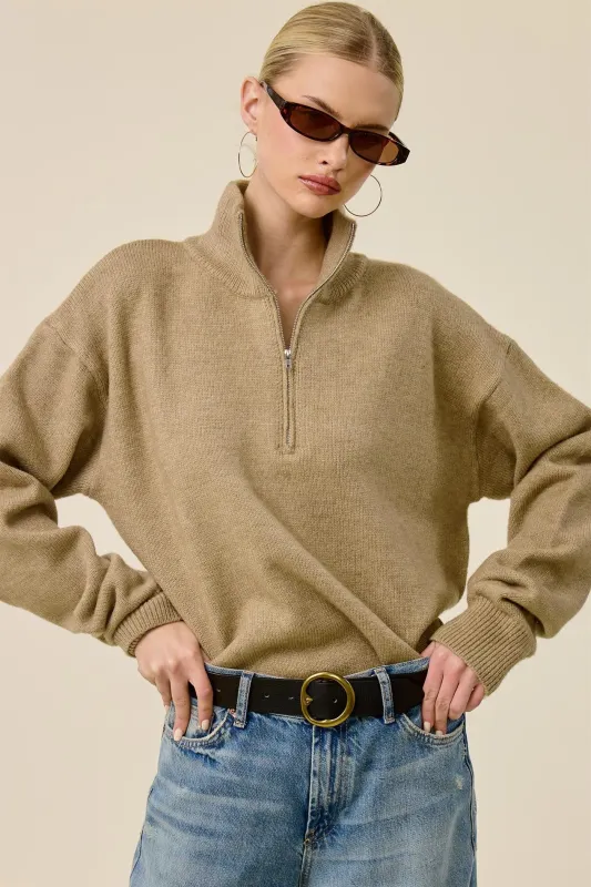Taupe Half Zip Mock Neck Sweater made by Mimosa