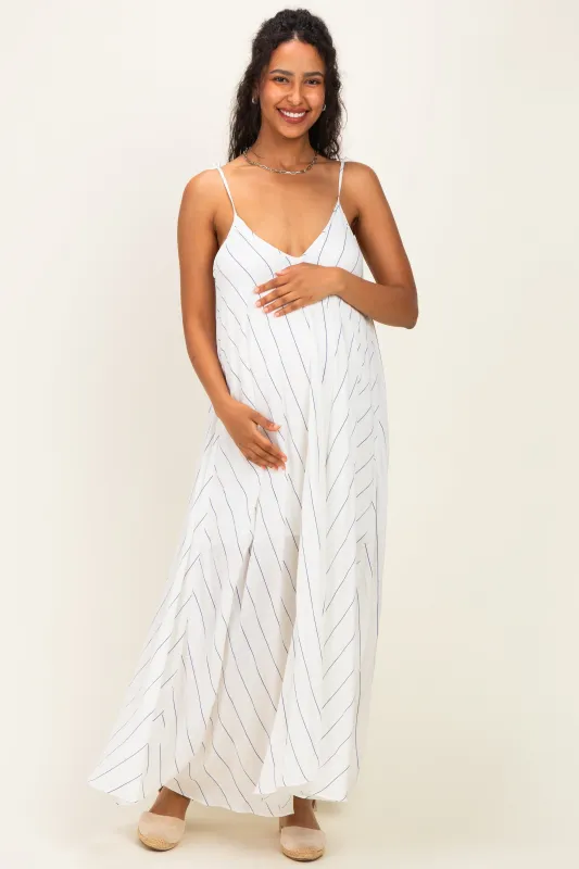 White Blue Striped Shoulder Tie Maternity Maxi Dress made by Olivaceous
