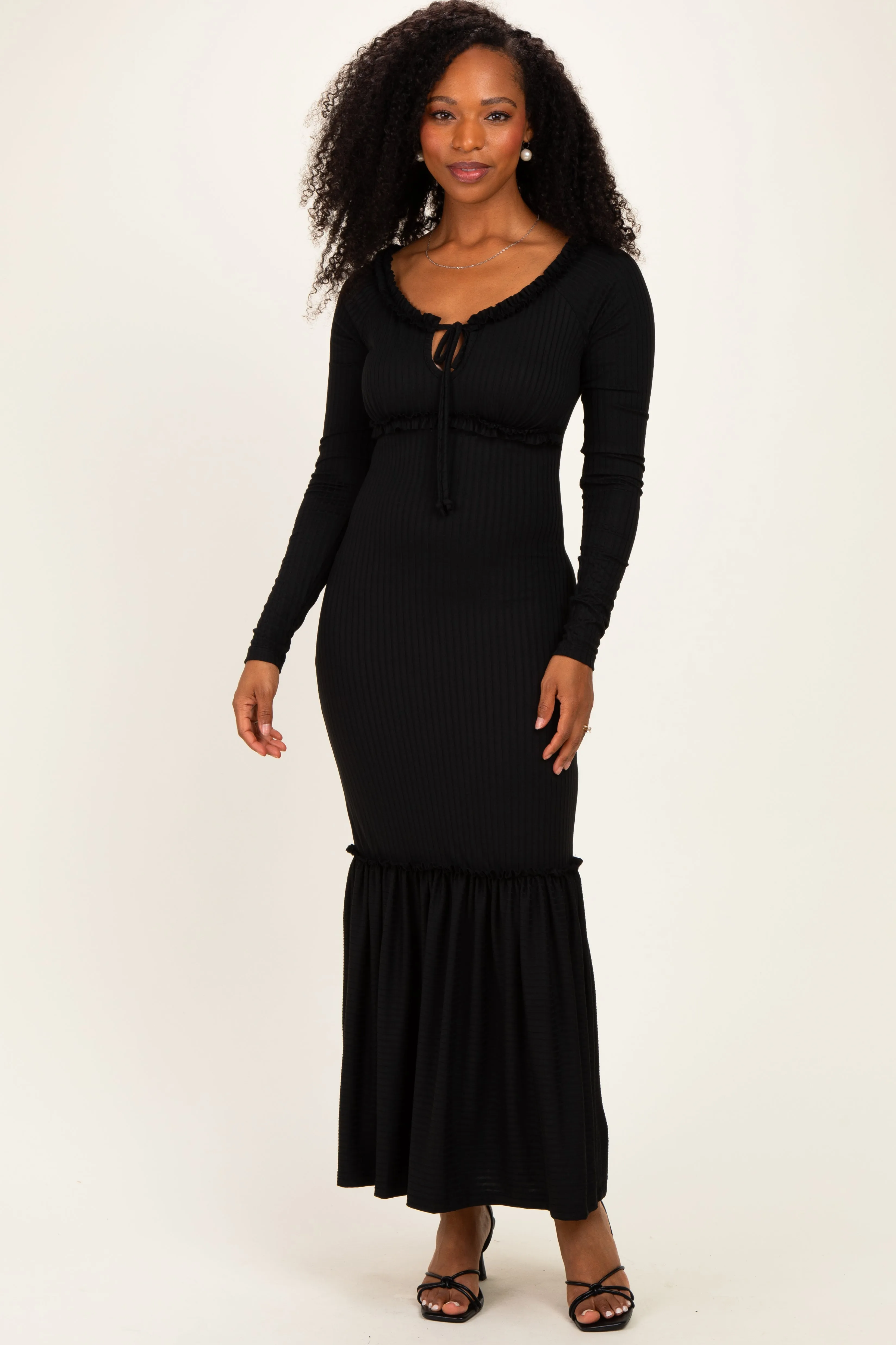 Black Ribbed Long Sleeve Ruffle Trim Off Shoulder Maxi Dress sold by Pinkblush product image thumbnail 2