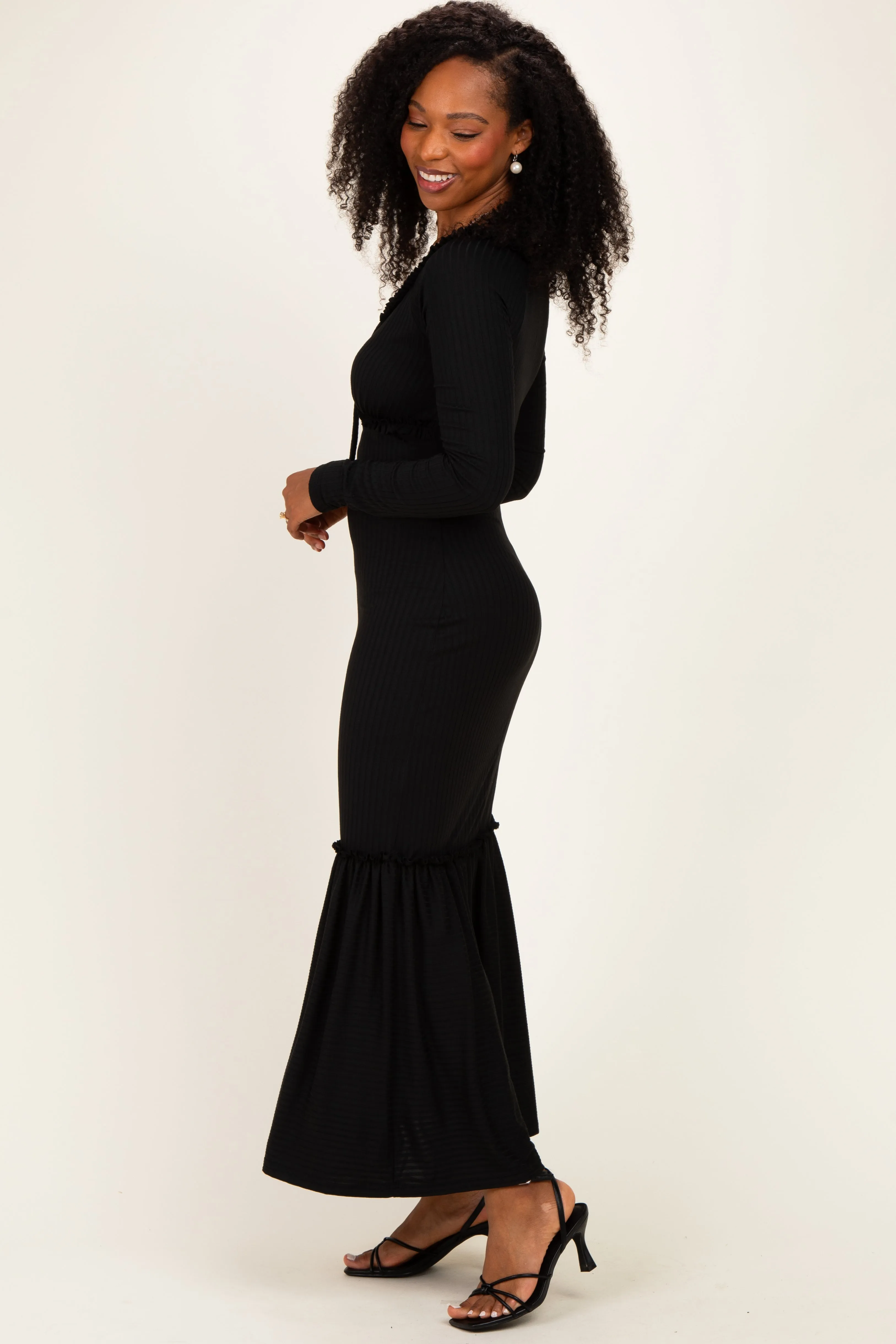 Black Ribbed Long Sleeve Ruffle Trim Off Shoulder Maxi Dress sold by Pinkblush product image thumbnail 3