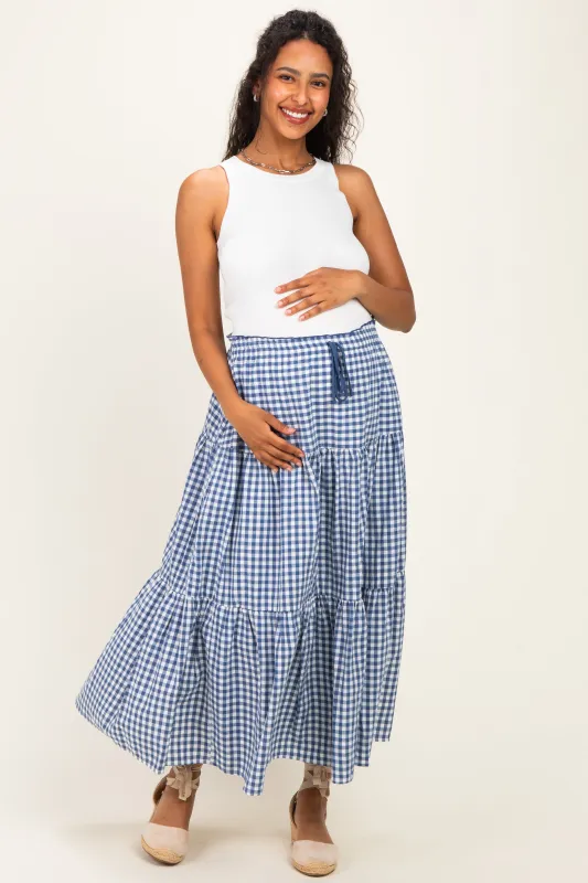 Navy Gingham Tiered Maternity Maxi Skirt made by Pinkblush