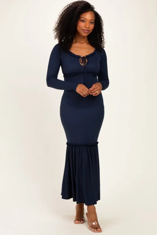 Navy Ribbed Long Sleeve Ruffle Trim Off Shoulder Maxi Dress made by Pinkblush