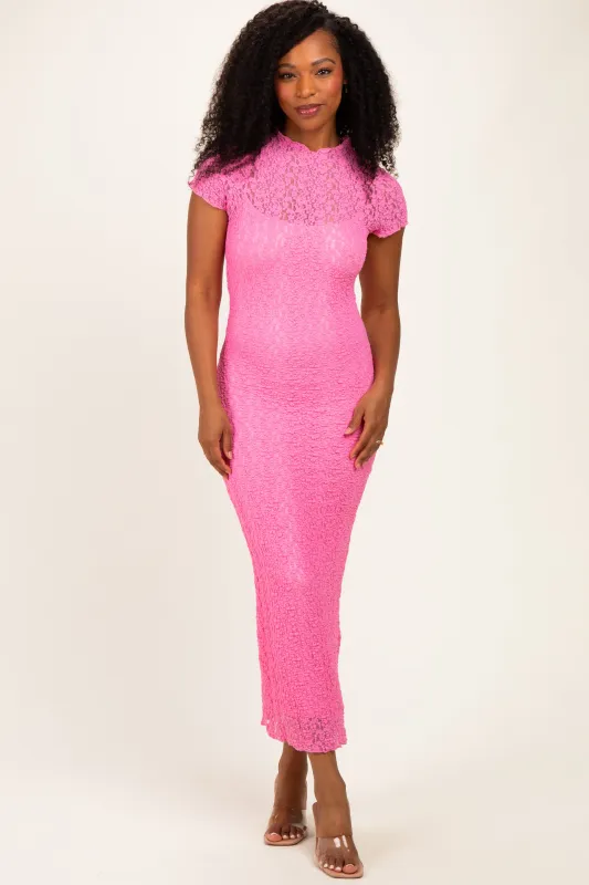 Pink Sheer Lace Overlay Short Sleeve Midi Dress made by Pinkblush