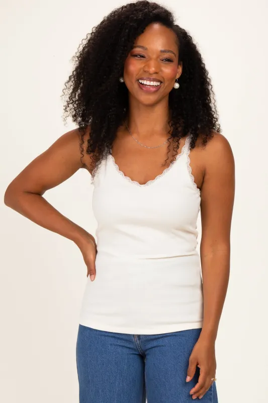 Off White Lace Trim Detail Ribbed Knit Tank Top made by Pinkblush