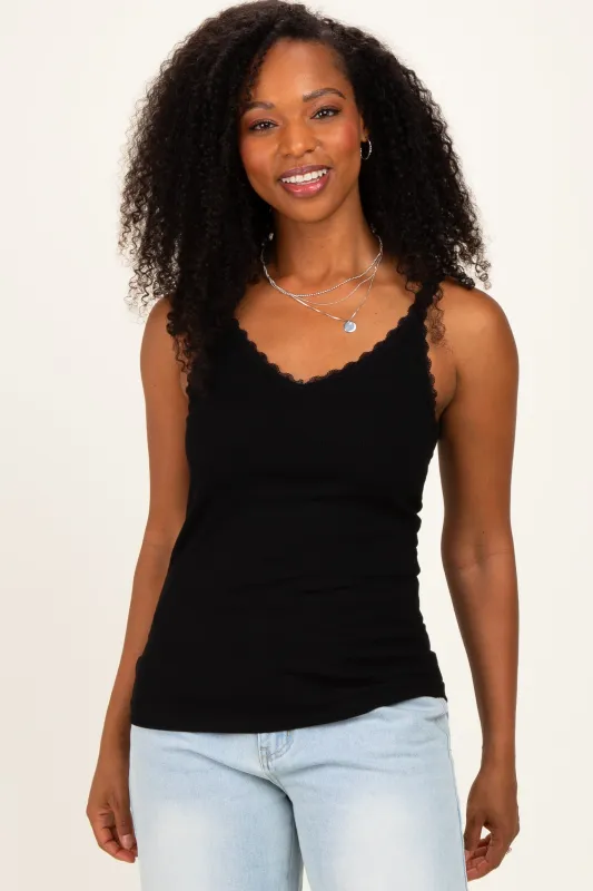 Black Lace Trim Detail Ribbed Knit Tank Top made by Pinkblush