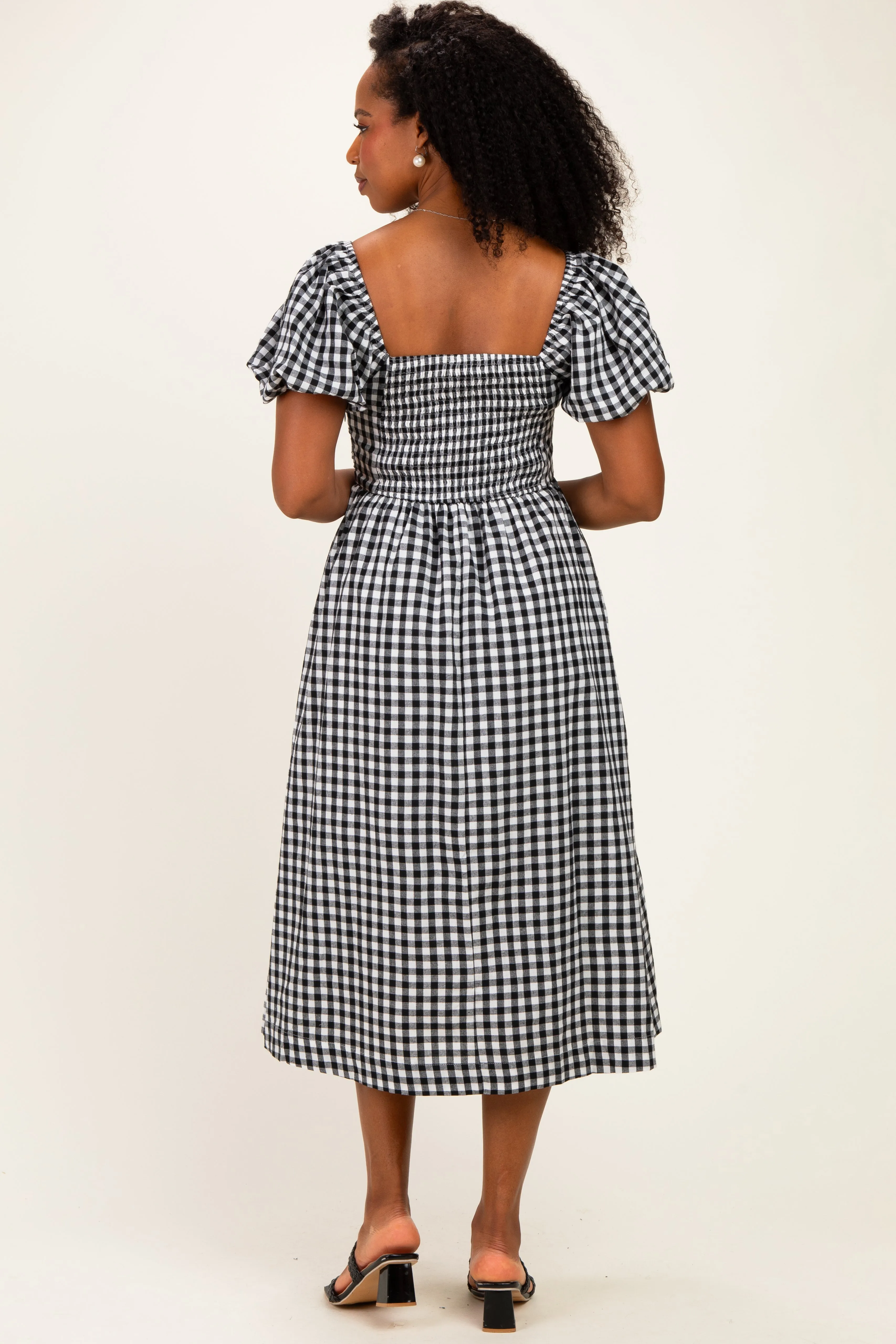 Black Gingham Lace Trim Puff Sleeve Midi Dress sold by Pinkblush product image thumbnail 4