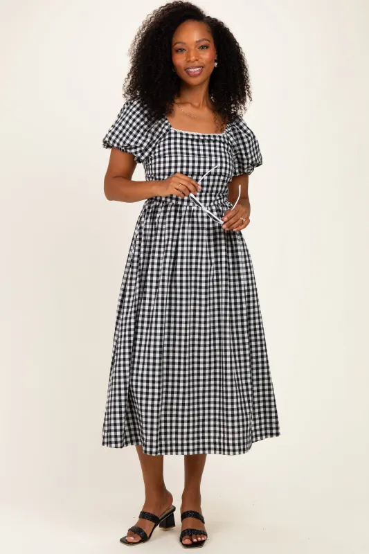 Black Gingham Lace Trim Puff Sleeve Midi Dress made by So Me